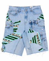 Teal Crochet x Patchwork Denim Shorts
