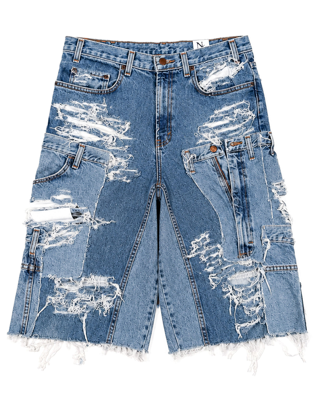 Distressed Patchwork Denim Shorts (Medium Wash Version)