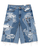 Distressed Patchwork Denim Shorts (Medium Wash Version)