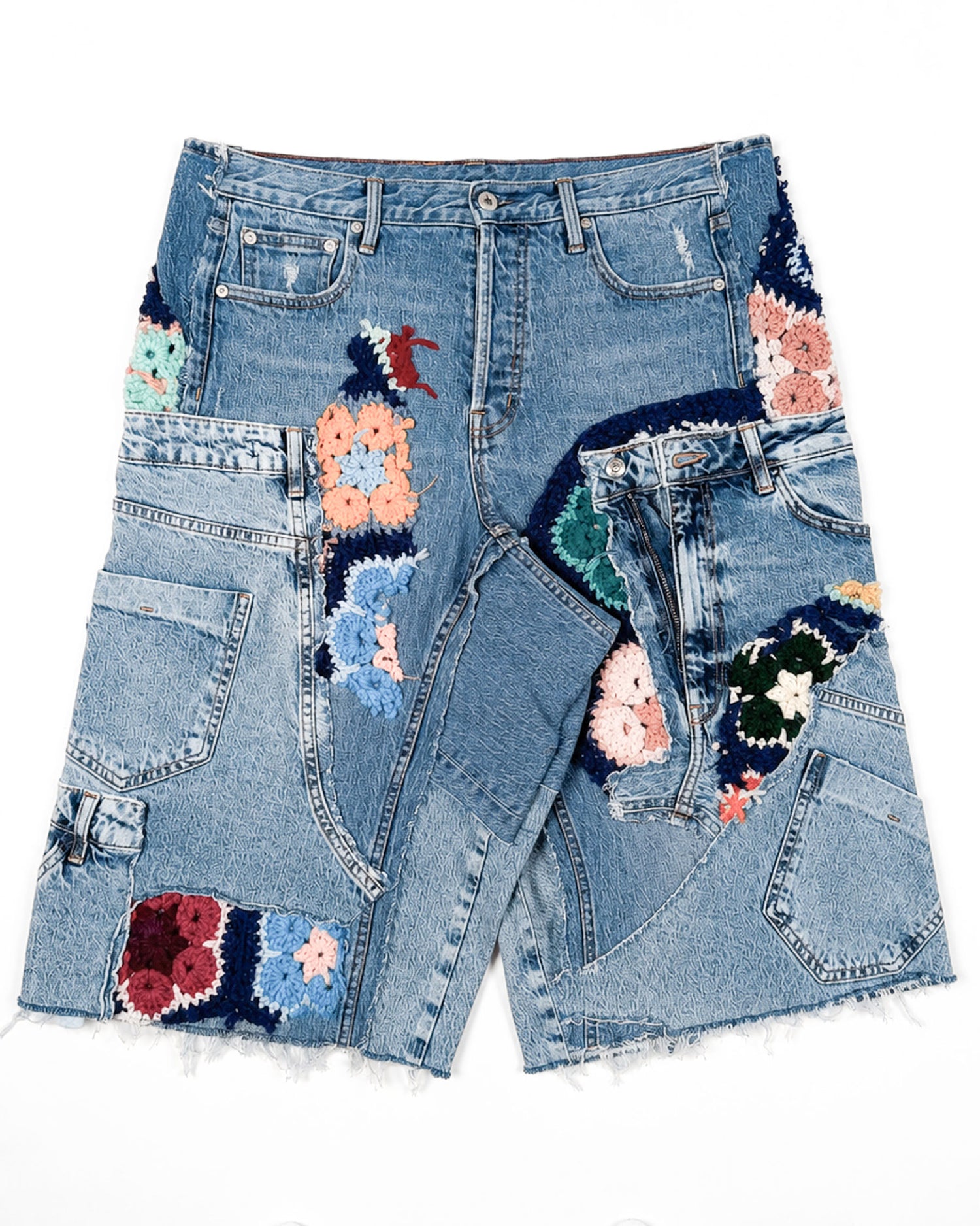 Navy Crochet Patchwork Denim Shorts