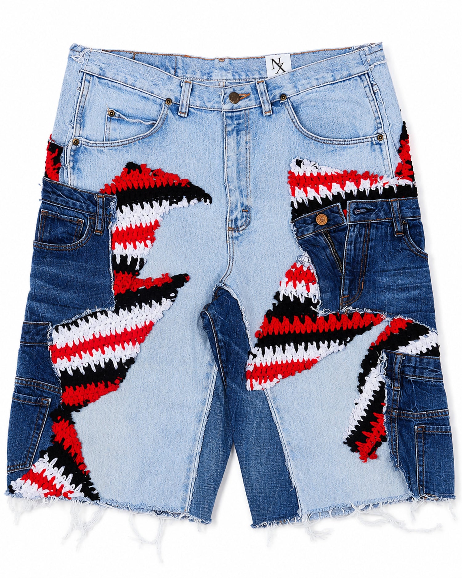 Red Black White Crochet x Patchwork Denim Shorts