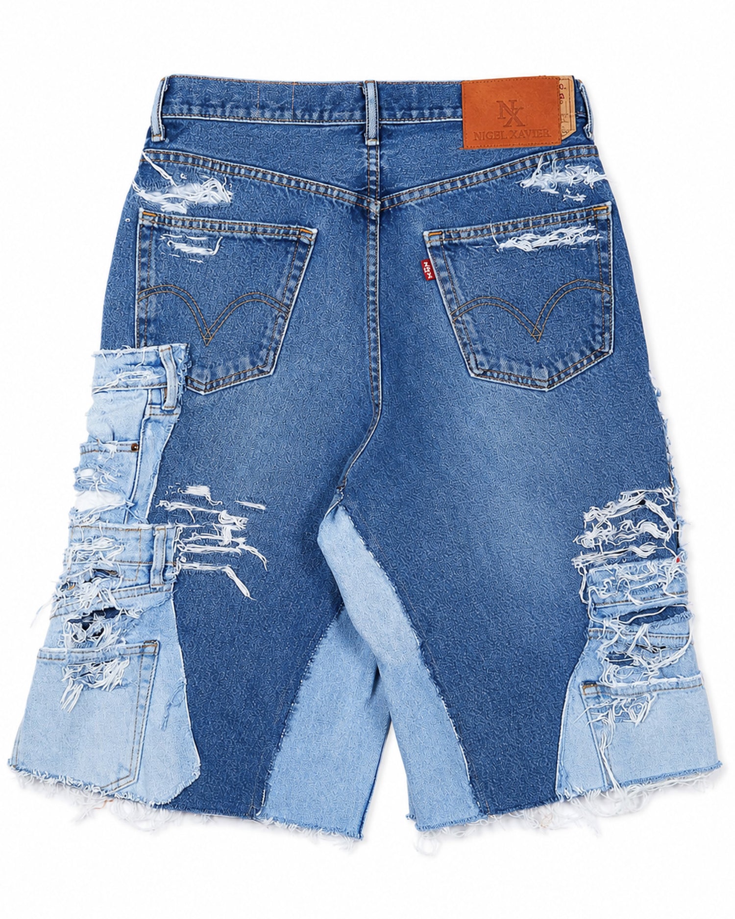 Distressed Patchwork Denim Shorts (Medium Wash Version)