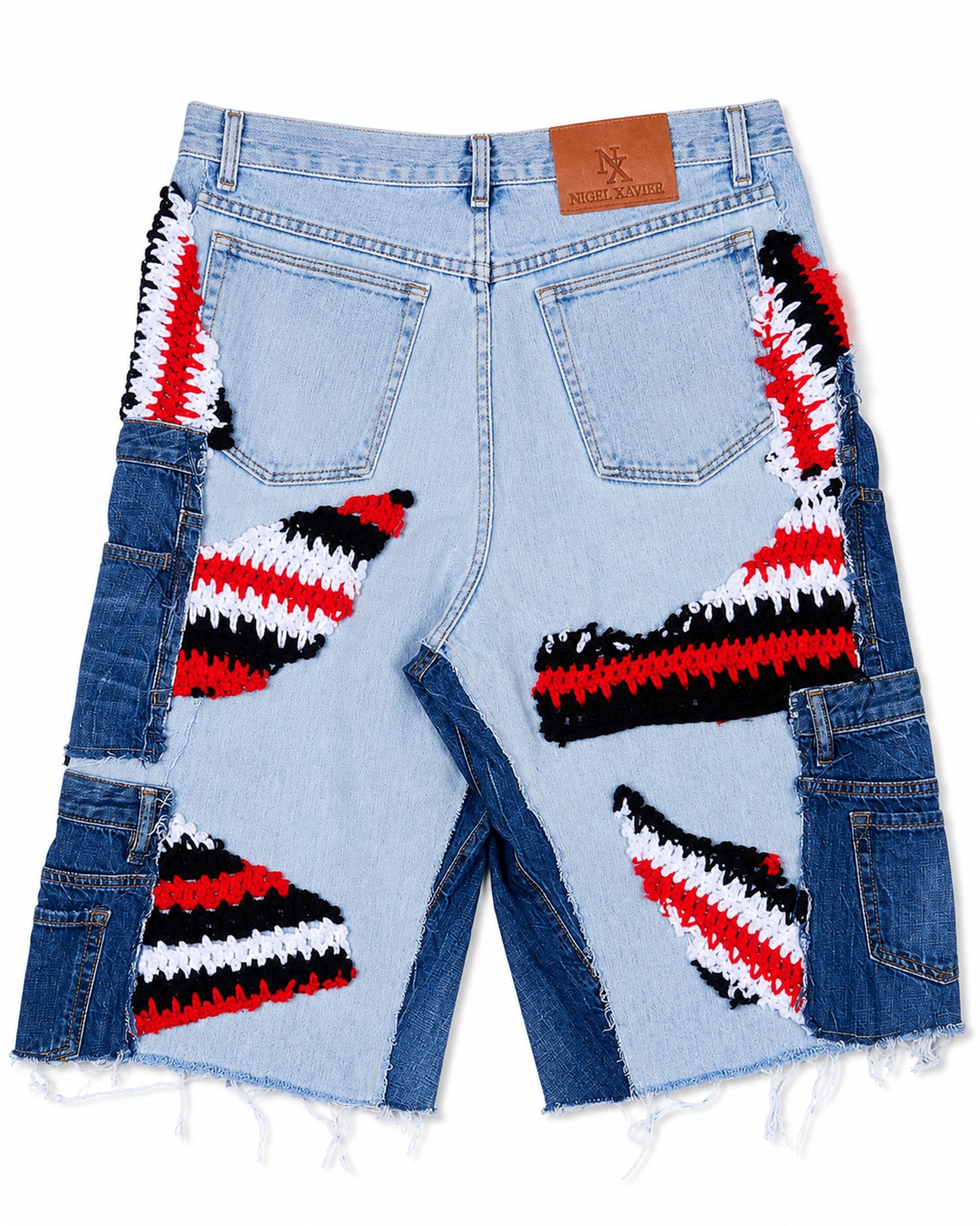 Red Black White Crochet x Patchwork Denim Shorts
