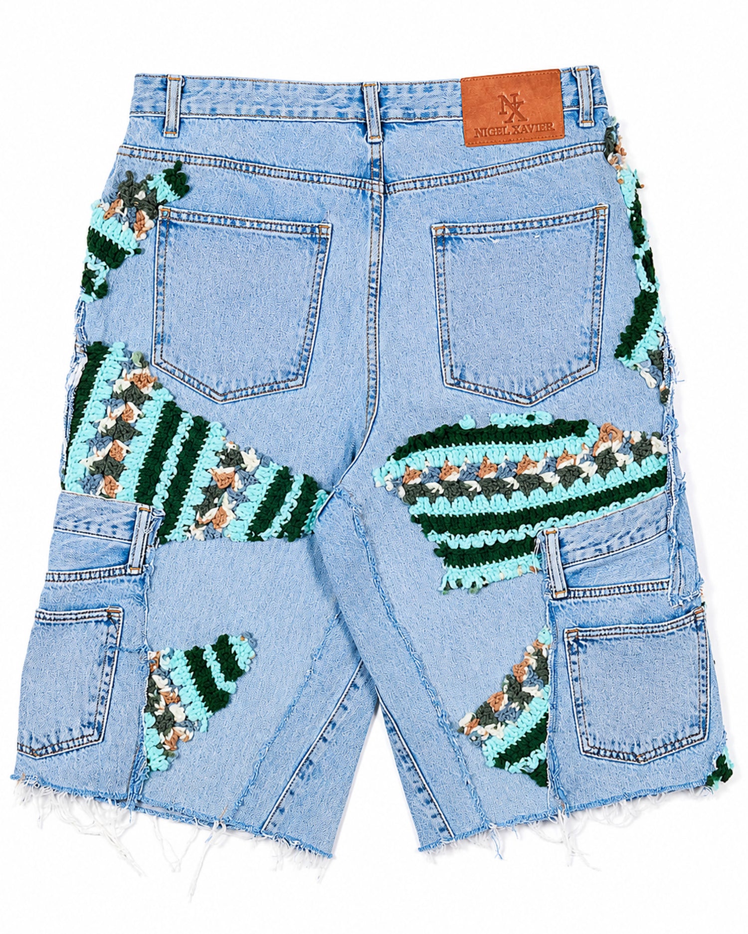 Teal Crochet x Patchwork Denim Shorts
