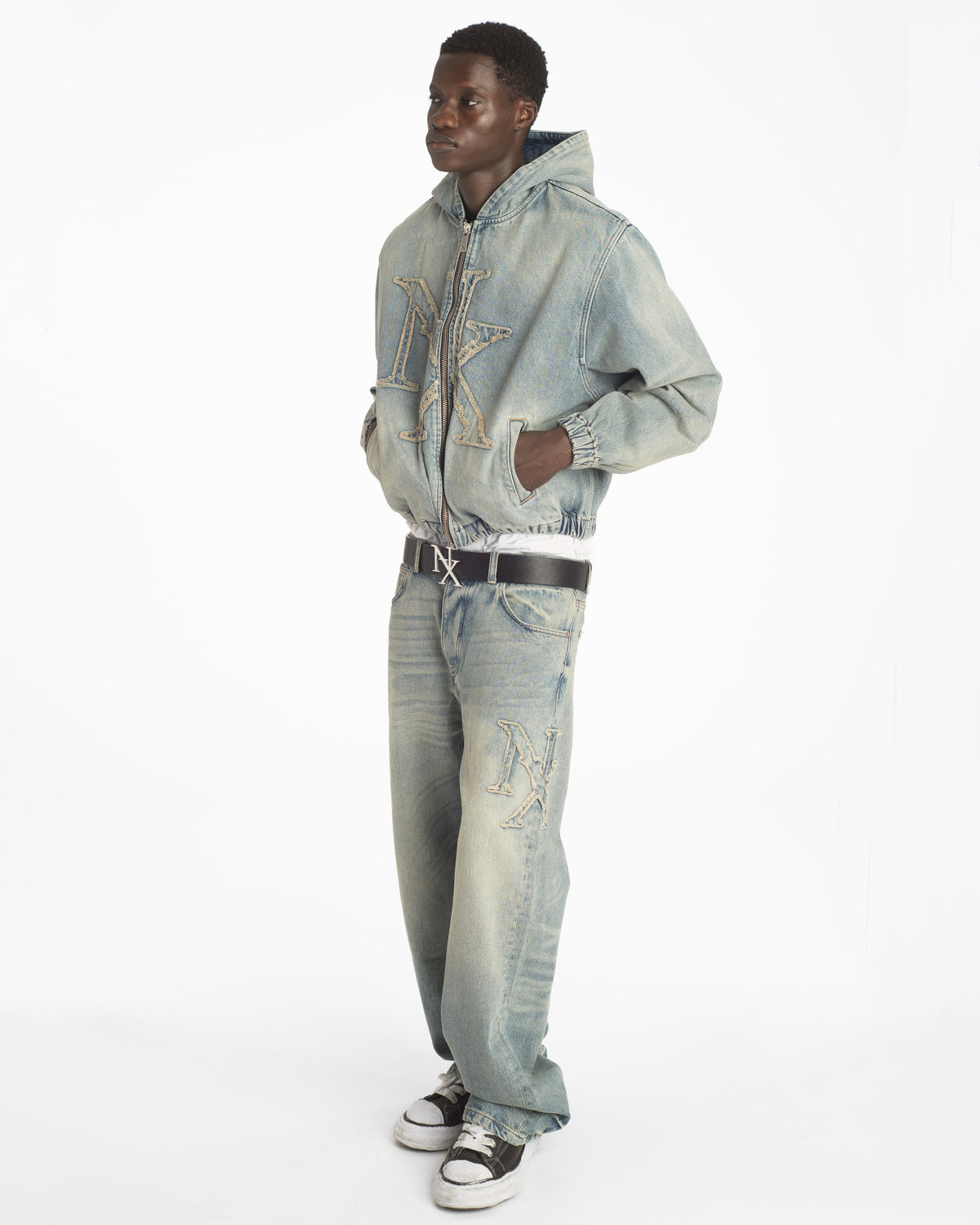 Logo Patch Denim Zip Up Hoodie