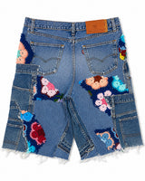 Navy Crochet x Patchwork Denim Shorts
