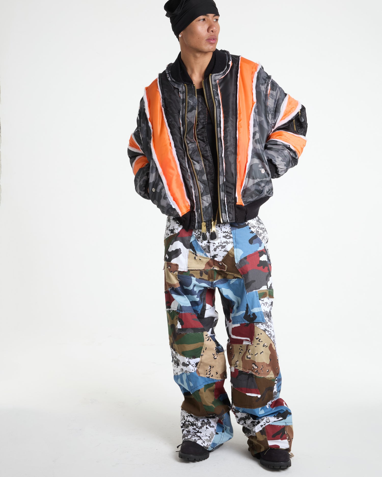 Grey Camo/Black Raw Panel Bomber Jacket