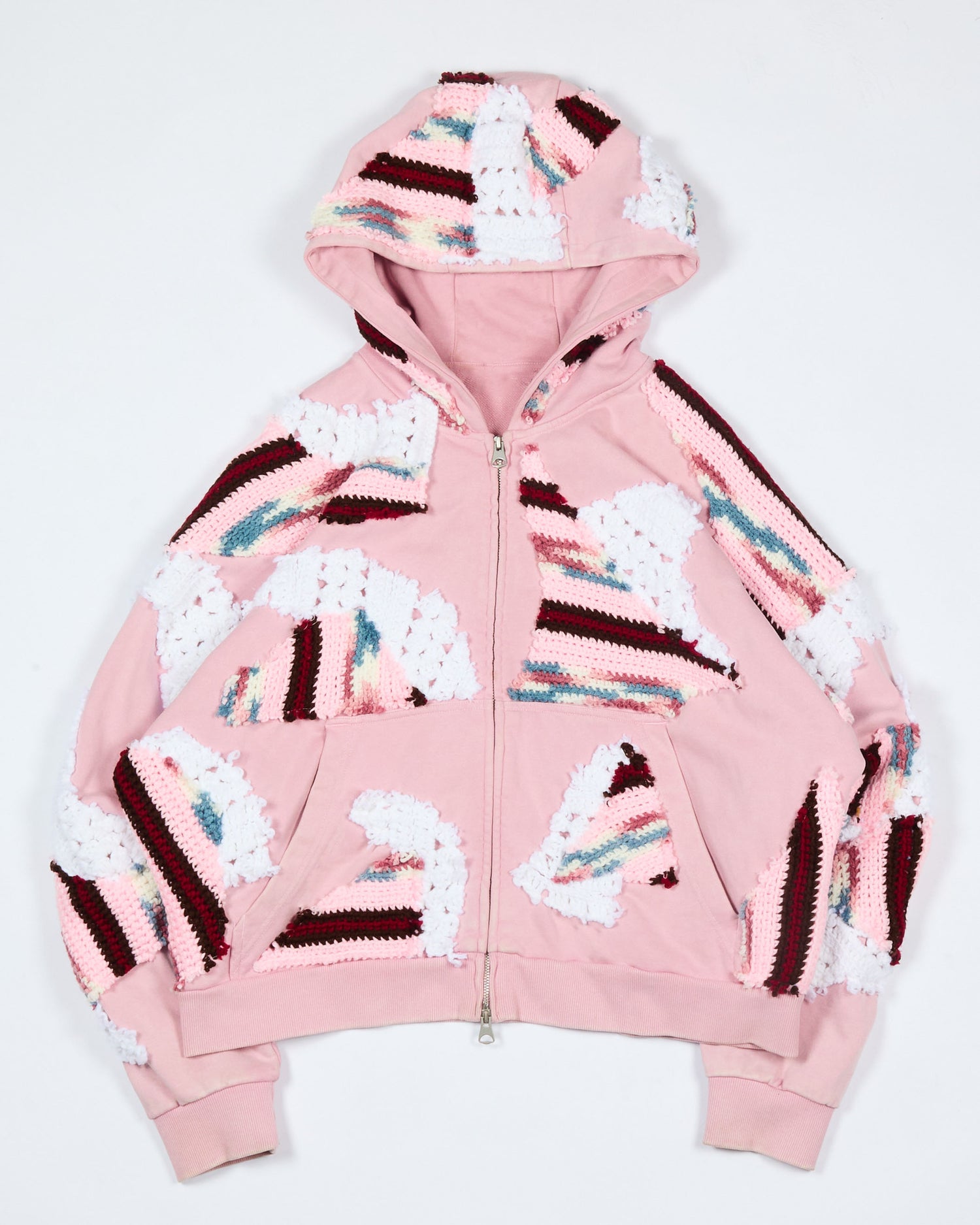 Pink Patchwork Crochet Zip-Up Hoodie