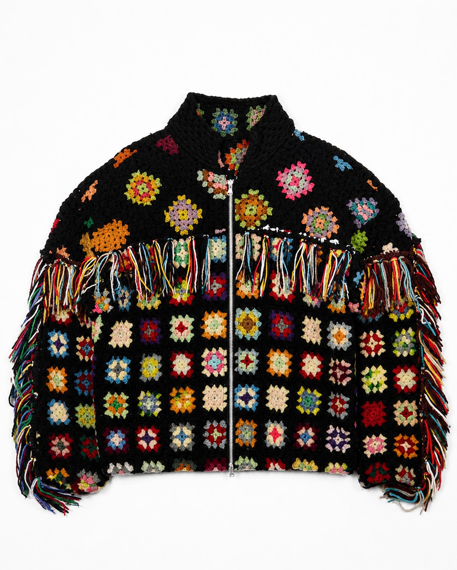 Multicolor Crochet Zip Jacket w/ Fringe