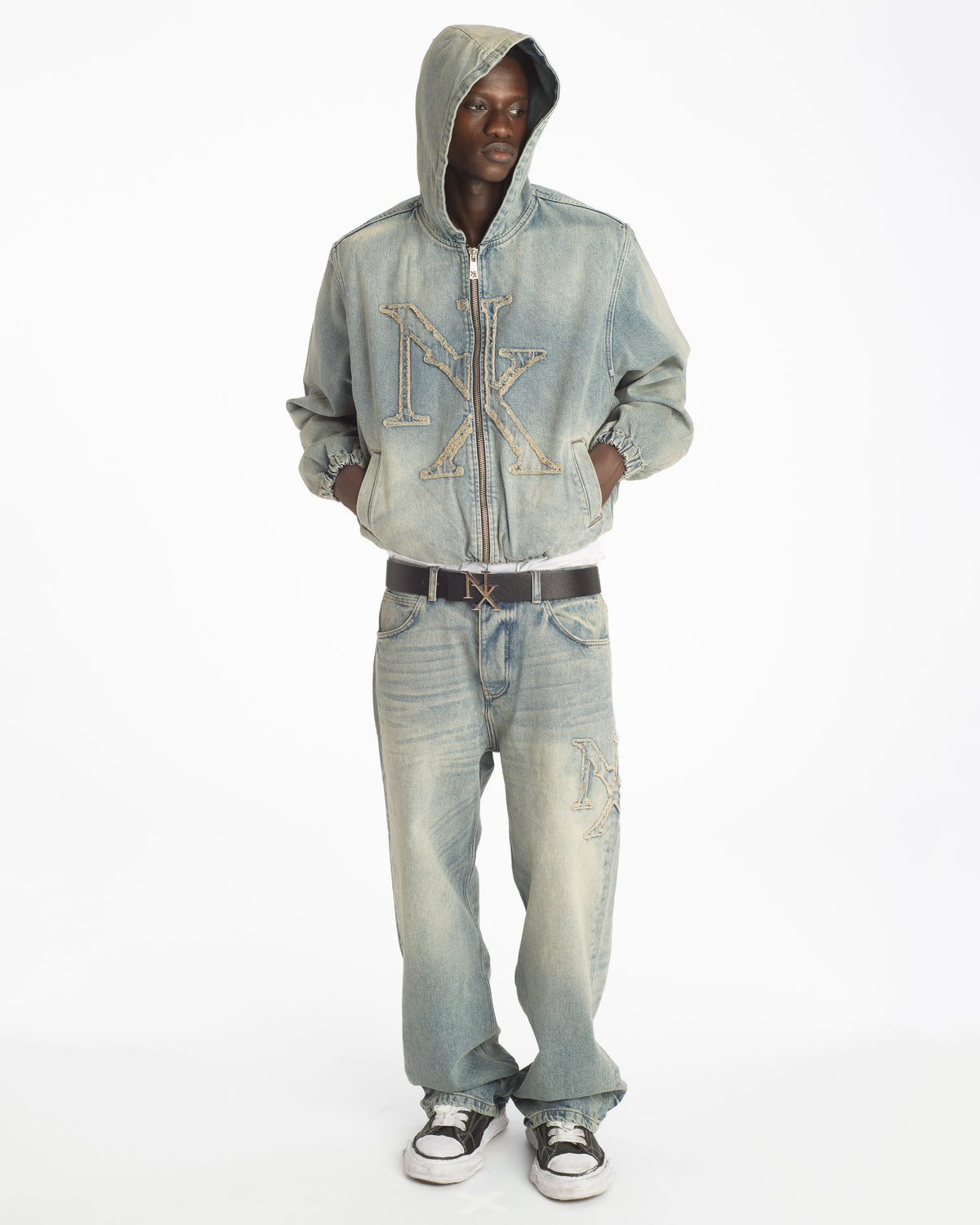 Logo Patch Denim Zip Up Hoodie