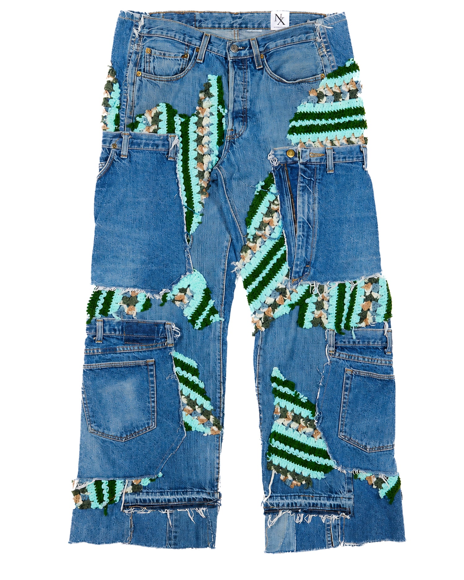 Teal Crochet x Patchwork Denim Jeans