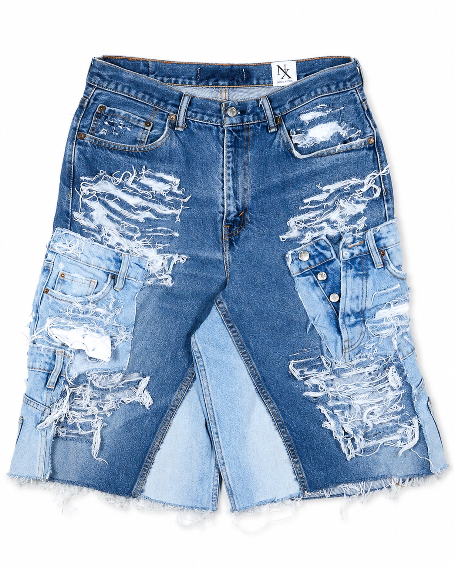 Distressed Patchwork Denim Shorts (Medium Wash Version)