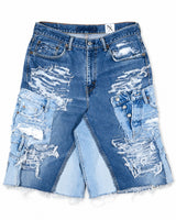 Distressed Patchwork Denim Shorts (Medium Wash Version)