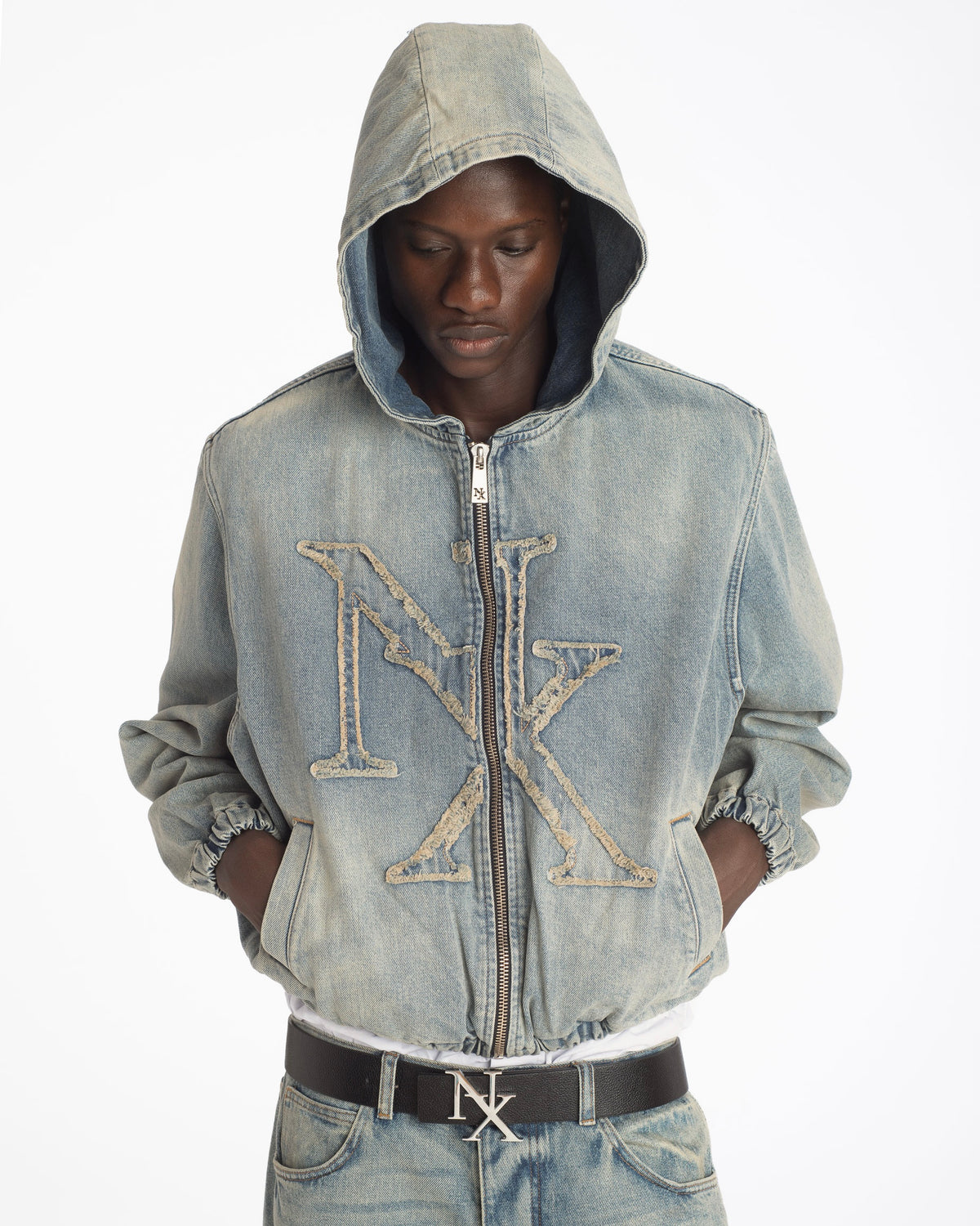 Logo Patch Denim Zip Up Hoodie