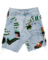 Teal Crochet Patchwork Denim Shorts