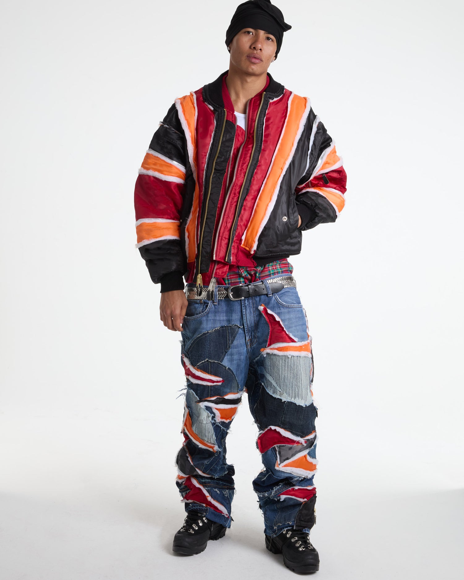 Black/Red Raw Panel Bomber Jacket