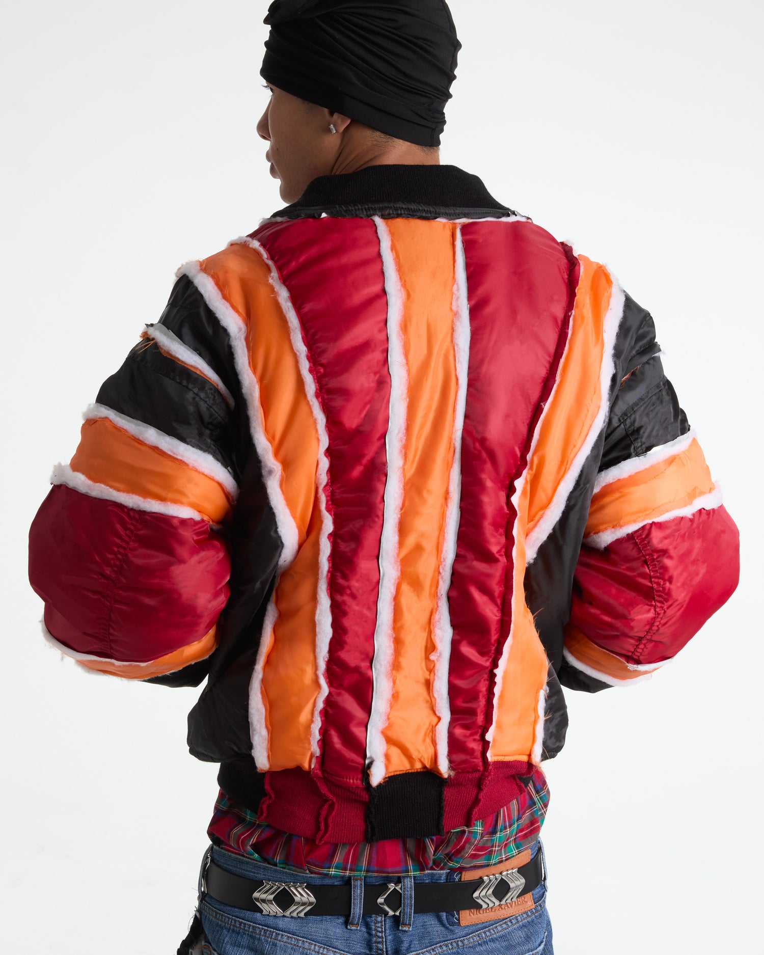 Black/Red Raw Panel Bomber Jacket
