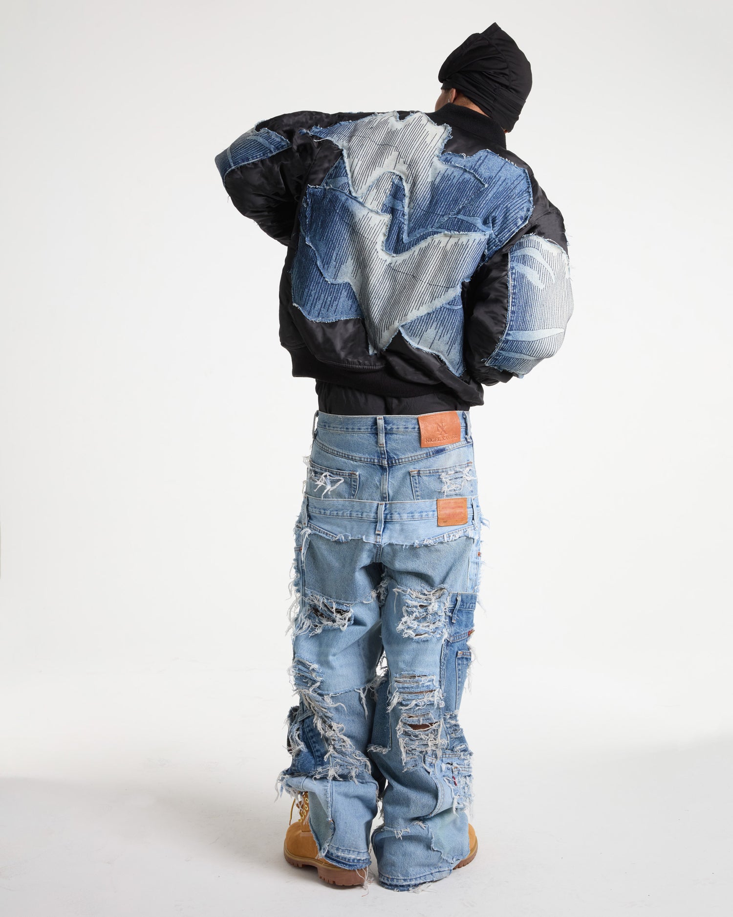 Zig Zag Stitch Denim Bomber Jacket