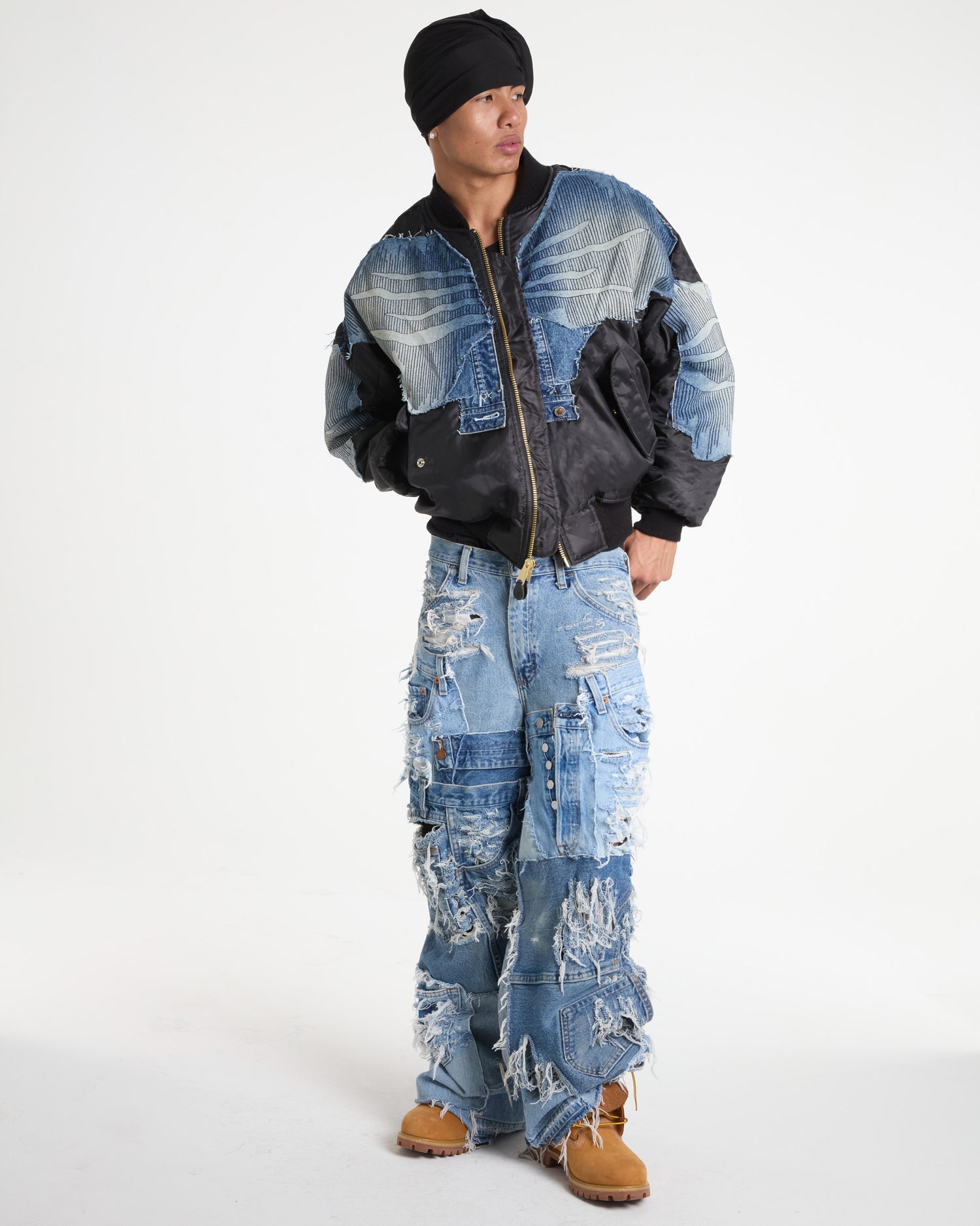 Zig Zag Stitch Denim Bomber Jacket
