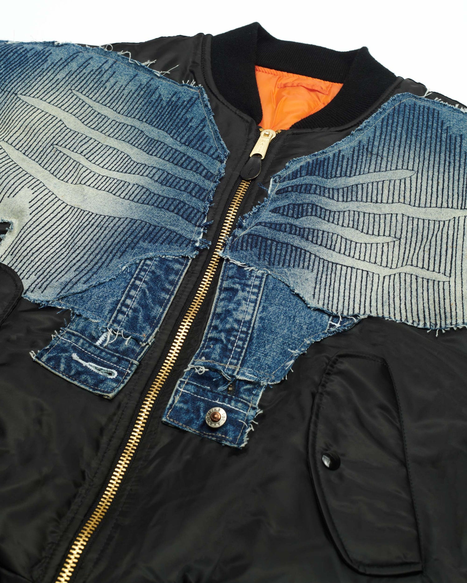 Zig Zag Stitch Denim Bomber Jacket